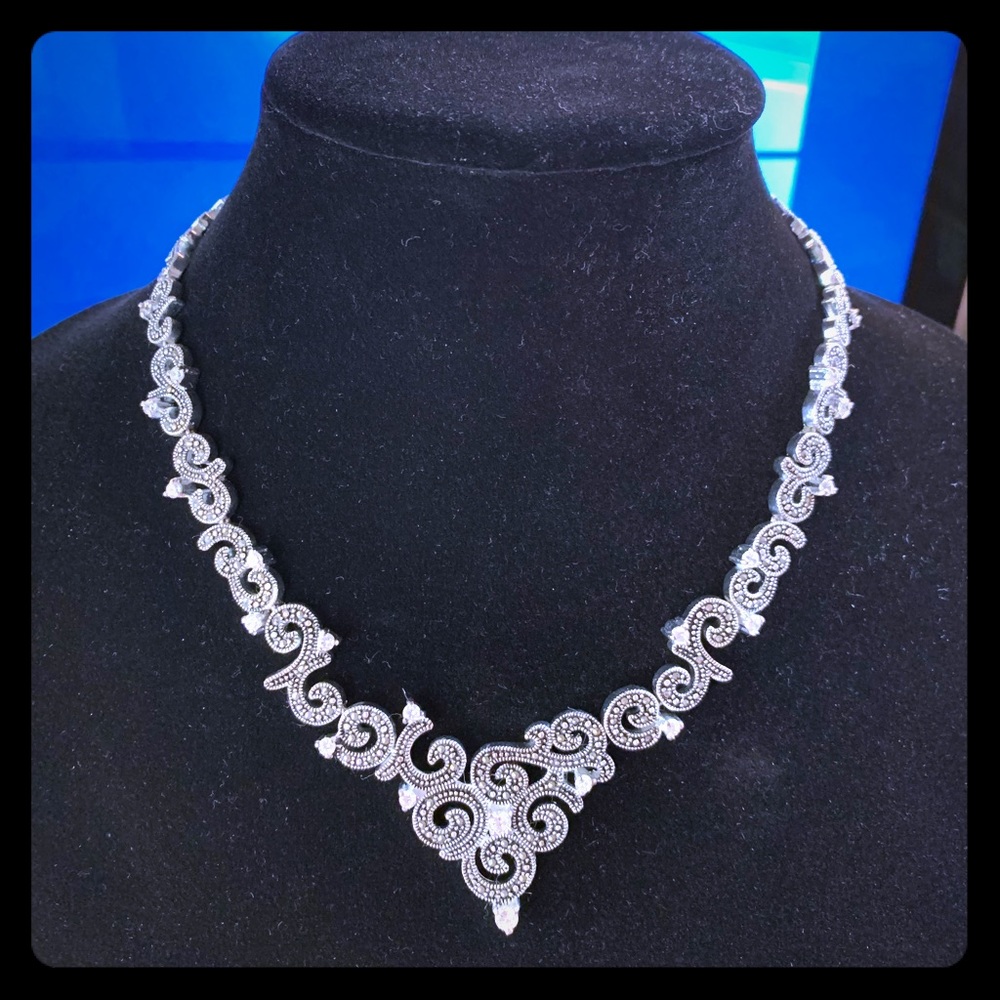Brand New Silver Marcasite & CZ Necklace